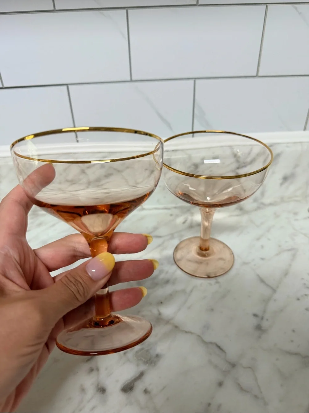 Anthropologie Blush Pink Coupe Glasses with Gold Rim - Set of 2